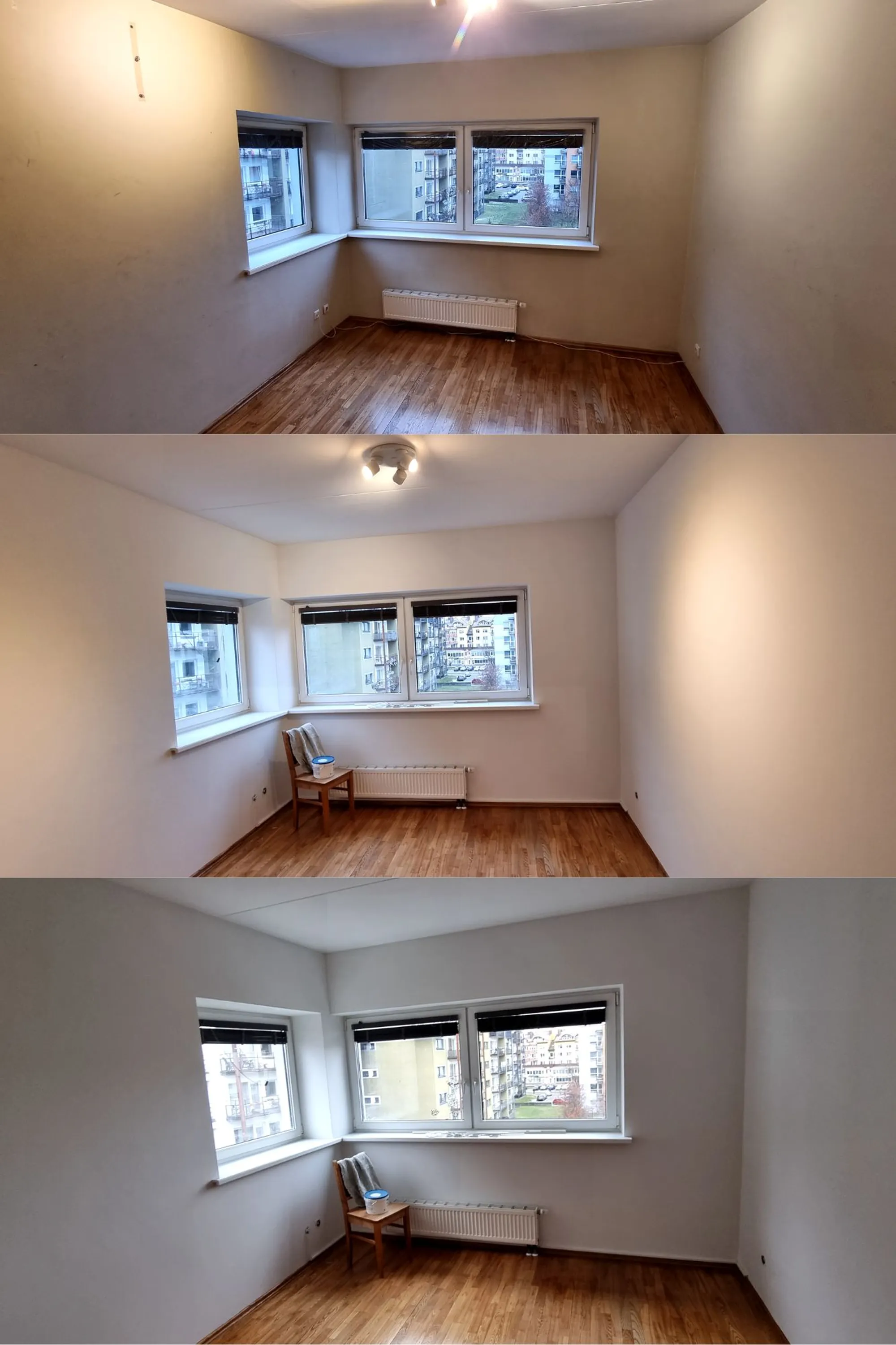 Vieno kambario remontas prieš ir po – užbaigtas interjeras skirtingame apšvietime