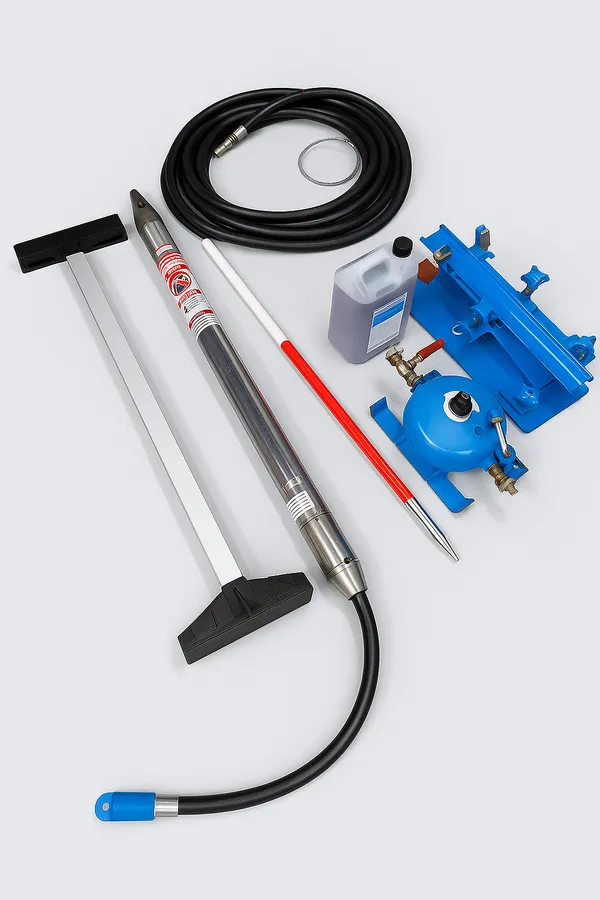 Grundomat P75 grunto pramušimo įrenginio komplektas su žarnomis, tepalais ir montavimo įrankiais neutraliame fone