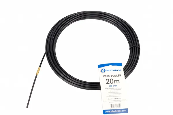 Electraline kabelio pratraukėjas 20 m ilgio su etikete, padėtas ant neutralios fono paviršiaus