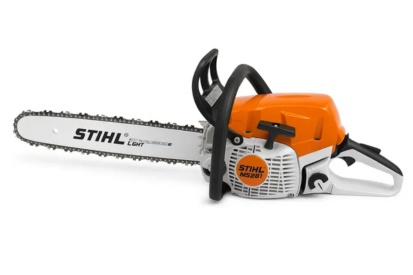 STIHL MS 261 profesionalus benzininis grandininis pjūklas su juodu apsauginiu rankenos lanku ir oranžiniu korpusu.