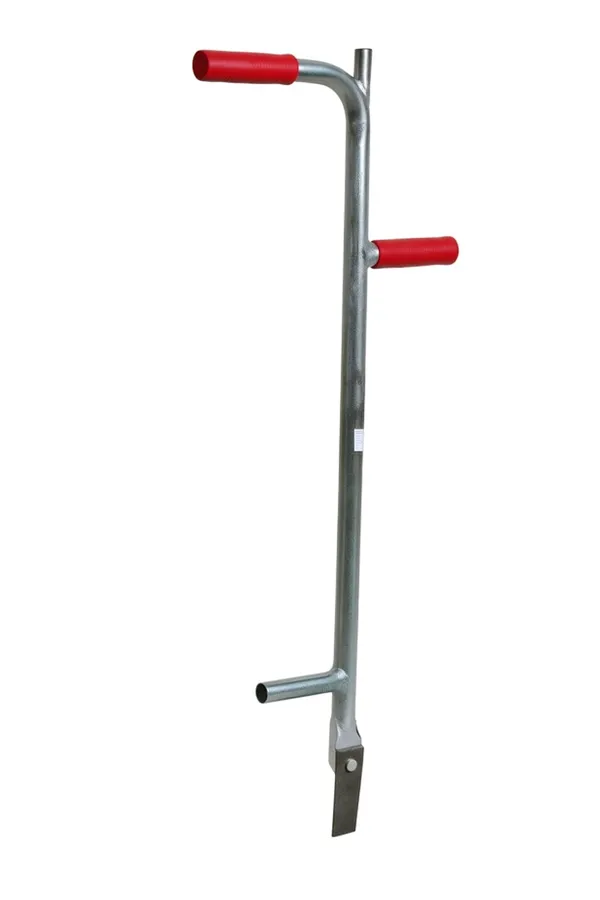 Rankinis trinkelių stūmimo įrankis iš cinkuoto metalo su raudonomis rankenomis
